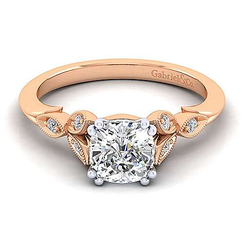 Gabriel & Co:14 Karat White/Rose Gold Victorian Milgrain Semi-Mount Ring With 6 Round GH/SI1-2 Diamonds 0.07 Total Diamond Weight 
*Setting only, center stone not included