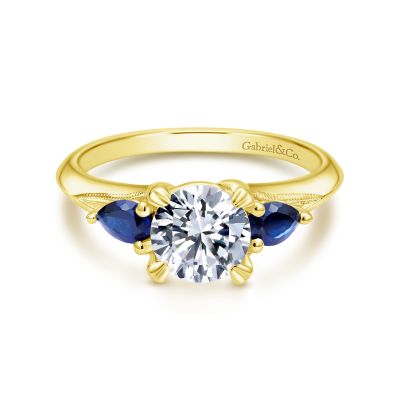 Gabriel & Co:14 Karat Yellow Gold 3 Stone Semi-Mount Ring With 2 Pear Sapphires At 0.35 Total Weight
*Setting only, center stone not included