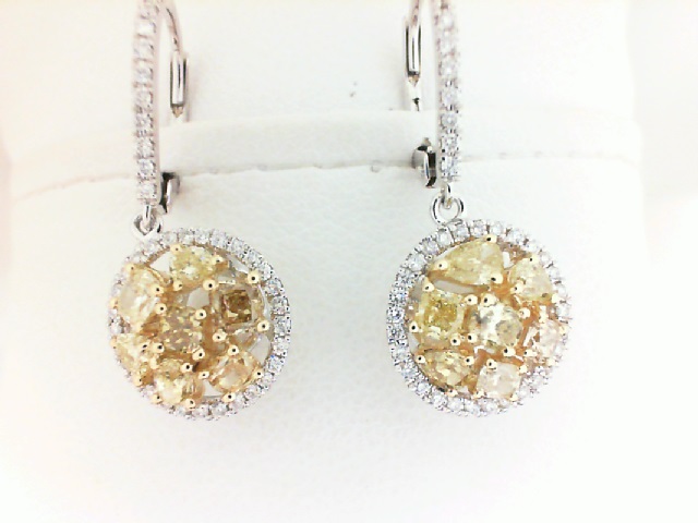 18 Karat Two-Tone Gold Earrings With 80=0.30Tw Round Diamonds And 14=1.34Tw Various Shapes Yellow Diamonds