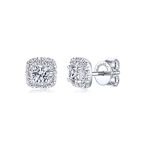 Gabriel & Co:14 Karat White Gold  Cushion Halo Stud Earrings With 26 Round Si1-2 Diamonds At 0.44 Total Diamond Weight