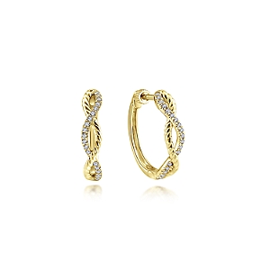 Gabriel & Co 14 Karat Yellow Gold 15mm Twisted Rope Huggie Hoop Earrings With Round Si2 Diamonds  0.13 Total Diamond Weight
