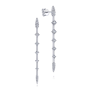 Gabriel & Co:14 Karat White Gold Diamond Station Long Bar Earrings With 22 Round Diamonds At 0.50 Total Diamond Weight