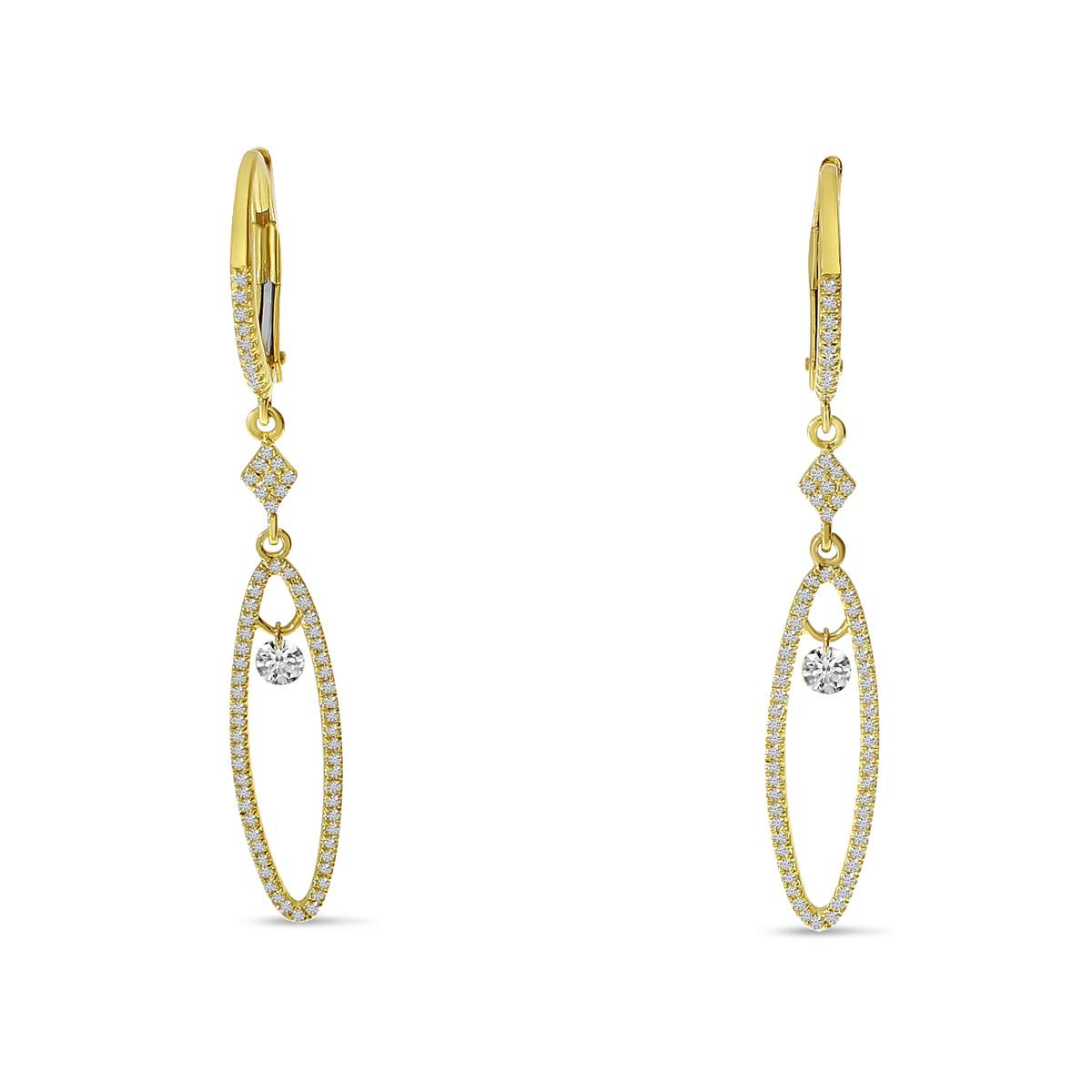 Brevani 14 Karat Yellow Gold Long Oval Dangle Pierced Diamond Earrings 0.51 Ct