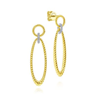 Gabriel & Co 14 Karat Yellow-White Gold Twisted Rope Open Shape Earrings With Connector 14 Round Diamonds At  0.07 Total Diamond Weight