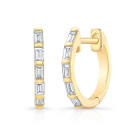 14 Karat Yellow Gold  Baguette Huggie Hoop Earrings 10=0.22Tw Baguette Diamonds