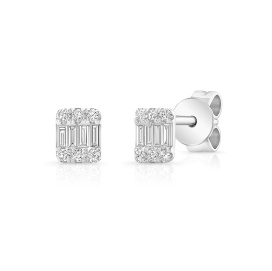 14 Karat White Gold  Petite Baguette Cluster Studs Earrings With 6=0.10Tw Baguette Diamonds And 12=0.06Tw Round Diamonds
