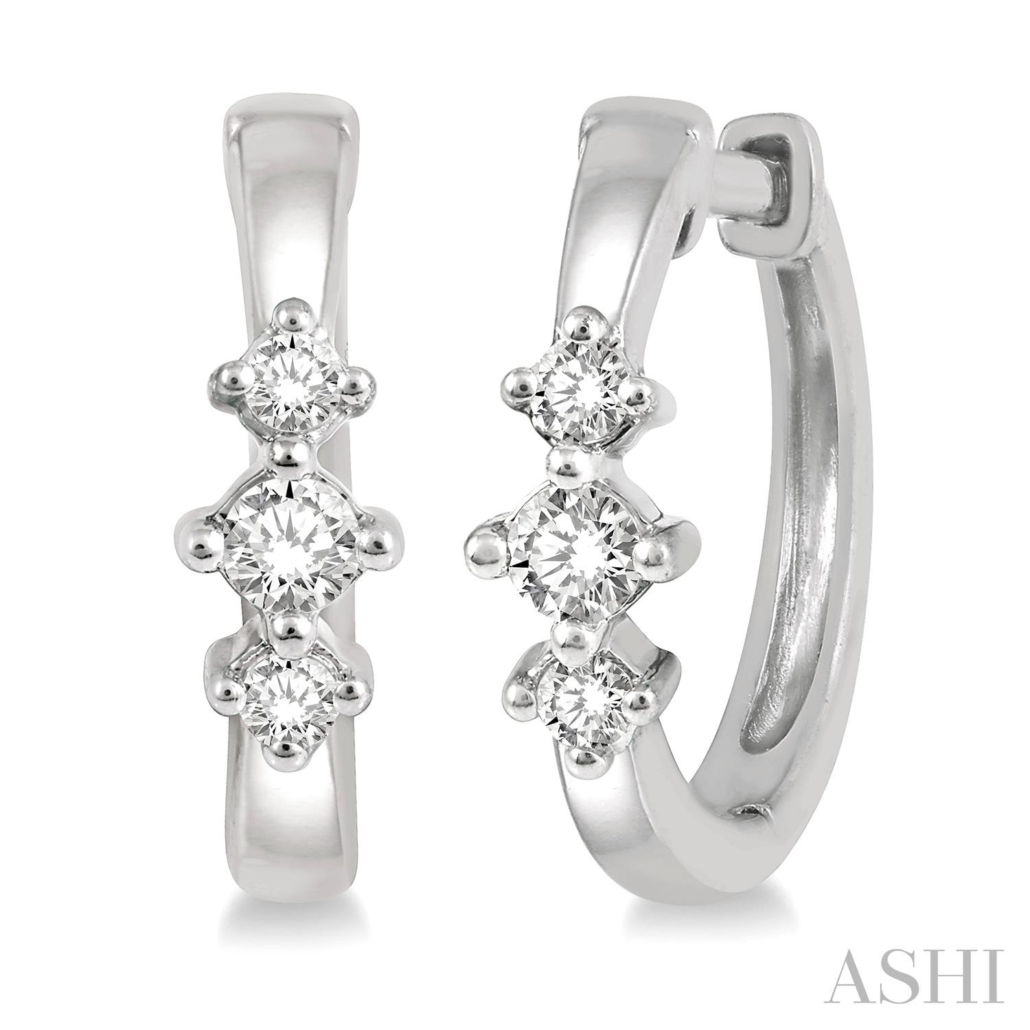 10 Karat White Gold 3 Stone Petite Diamond Fashion Huggie Earrings 0.15Ctw