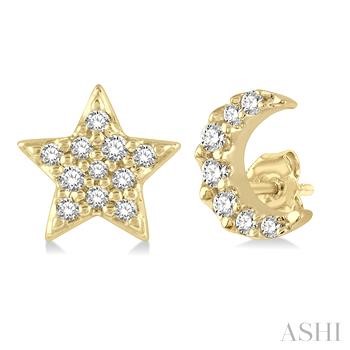 10 Karat Yellow Gold Petite Star & Crescent Moon Shape Diamond Stud Earrings .10ctw