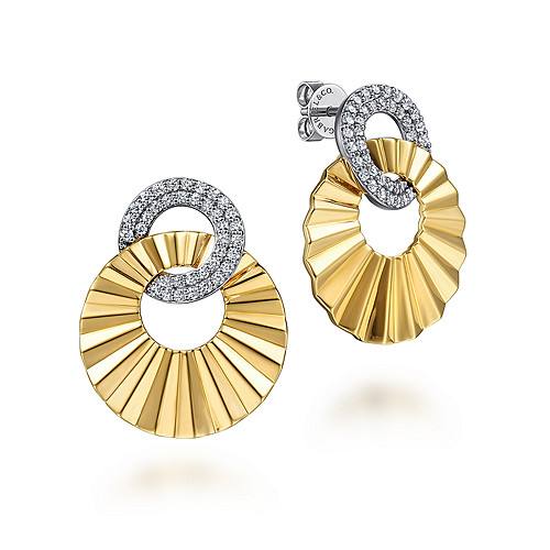 Gabriel & Co14K White and Yellow Gold Double Round Disk Earring Stud With Diamond Cut Texture- 0.53VTW