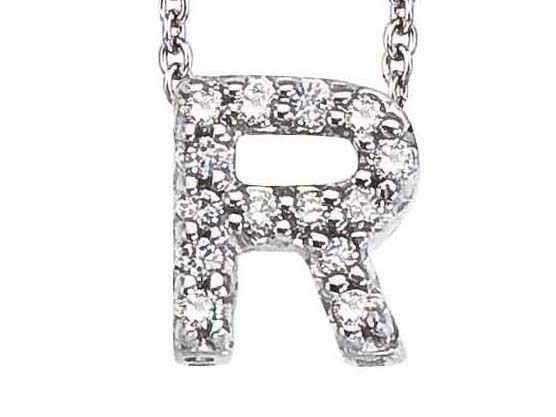 Roberto Coin: 18 Karat White Gold Love Letter  R Pendant With 14 Round G/H Si1 Diamonds At 0.06Tw 
Length: 16