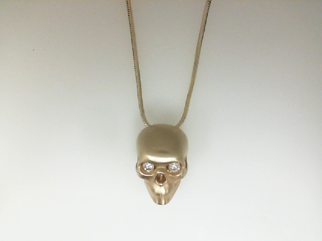 Jason Of Beverly Hills 14 Karat Yellow Gold Brushed Skull Pendant With One 0.23Ct Round G/H Vs Diamond And One 0.21Ct Round G/H Vs Diamond