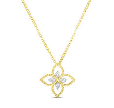 Roberto Coin: 18 Karat Yellow Gold Principessa Flower Pendant With 4=0.04Tw Round Diamonds
Length: 18