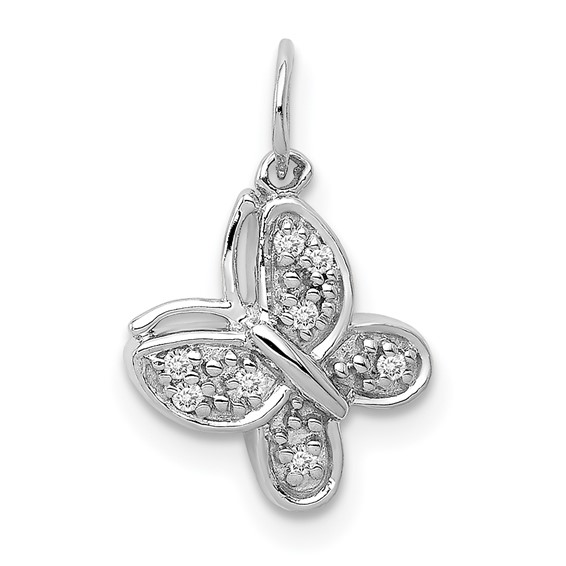 14K White Gold Diamond Butterfly Charm  18 Inch Fine Rope Chain