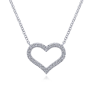 Gabriel & Co:14 Karat White Gold Open Heart Pendant With 28 Round Diamonds At 0.22Total Diamond Weight
Length: Adjustable 15.5