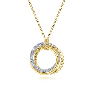 Gabriel & Co:14 Karat Yellow-White Gold Interlocking Circles Pendant Necklace With Diamond Pavé 0.25 Total Diamond Weight