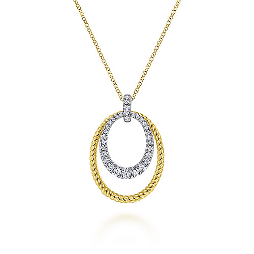 Gabriel & Co 14K White-Yellow Gold Oval Twisted Rope and Pave Diamond Pendant Necklace- 0.43CTW
17.5 Inch
