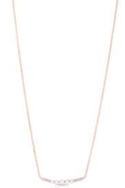 14 Karat Rose Gold Bar Necklace 5 Round Pearls And 10 Round Diamonds at .03ctw
Length: 18