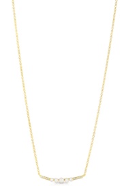 14 Karat Yellow Gold Bar Necklace 5 Round Pearls And 10 Round Diamonds at .03ctw
Length: 18