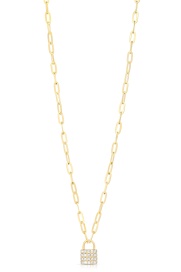 14 Karat Yellow Gold PaperClip Necklace With Diamond Lock Dangle 
Round Brilliant Diamonds 28=0.25Tw 
Length: 18