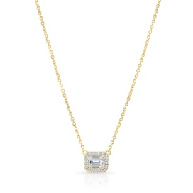 14 Karat Yellow Gold Emerald Cut Halo Necklace With One 0.30Ct Emerald Diamond And 14=0.11Tw Round Diamonds 18 inch
