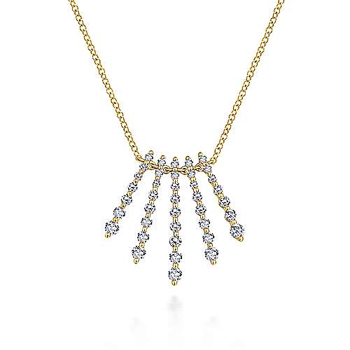 Gabriel & Co 14 Karat Yellow Gold Gold Graduating Diamond Bar Fan Necklace With 39=0.69 tw Round SI1-2 Diamonds 
Length: 17.5 inch