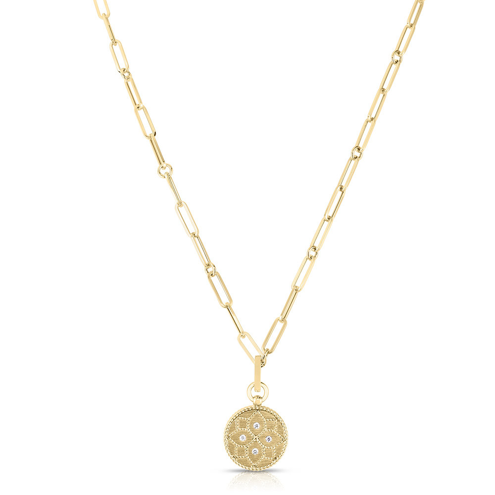 Roberto Coin 18 Karat Yellow Gold Venitian 0.06 Ct Princess Small Medallion And Paperclip Necklace 19 Inch
