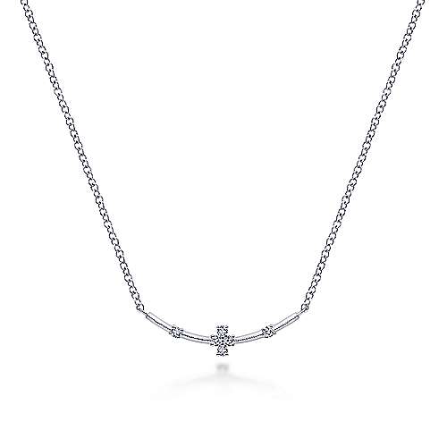 Gabriel & Co:14 Karat White Gold  Curved Bar Necklace with Diamond Stations Necklace 0.06tw Round Diamonds 
Length: 17