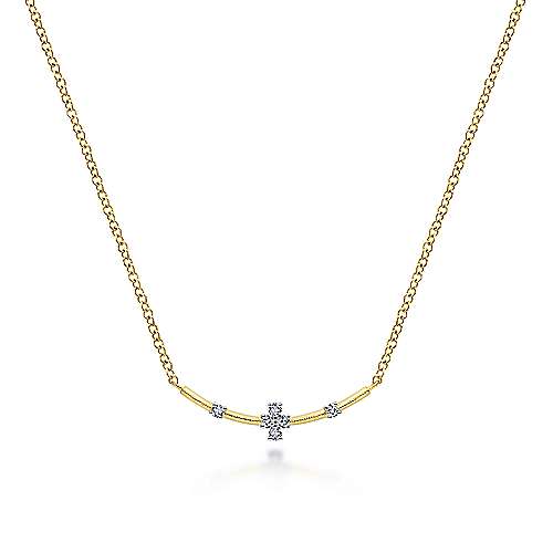 Gabriel & Co: 14 Karat Yellow Gold Curved Bar Necklace with Diamond Stations Necklace  0.06Tw Round Diamonds
Length: 17.5Adjustable
