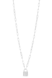 14 Karat White Gold Paperclip Necklace With Diamond Lock Dangle 
Round Brilliant Diamonds 28=0.24Tw 
Length: 18