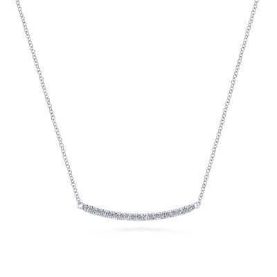 Gabriel & Co:14 Karat White Gold Diamond Pave' Curved Bar Necklace With 19 Round Diamonds At 0.20 Total Diamond Weight
Length: Adjustable 15.5