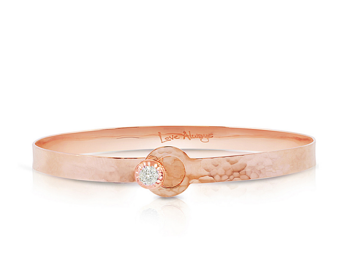 Phillip's House:14 Karat Rose Gold Hammered Love Always Bracelet Bangle Bracelet With 9=0.04Tw Round Diamonds
Length: 8/Med