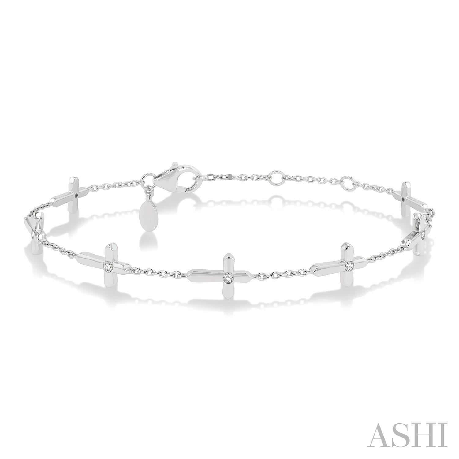 10 Karat White Gold Diamond Cross Station Bracelet 0.15 Ct  7 inch