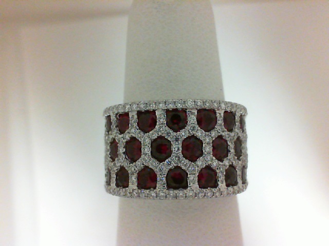 18 Karat White Gold Wide Band Ring With 156=0.77Tw Round Diamonds And 25=2.39Tw Round Rubies