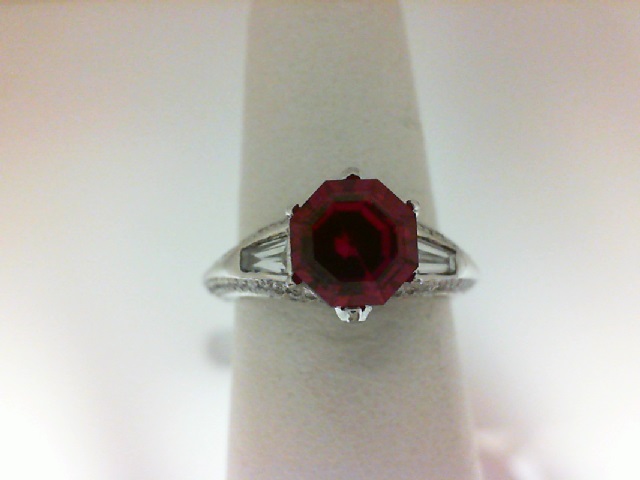 18 Karat Fashion Ring With 106=0.60Tw Round Diamonds And One 7.00X7.00mm Hexagon Created Ruby