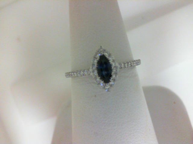18 Karat White Gold Halo Ring With 38=0.23Tw Round Diamonds And One 0.26Ct Marquise Sapphire