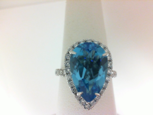 14 Karat White Gold Fashion Ring With 40=0.67Tw Round Diamonds And One 5.44Ct Pear Blue Topaz