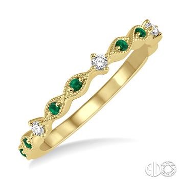14 Karat Yellow Gold Stackable Fashion Ring With 3=0.06Tw Round H/I Si3-I1 Diamonds And 8=1.25mm Round Emeralds