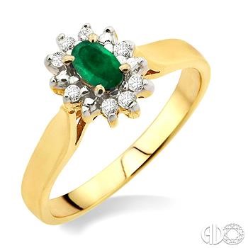 14 Karat Yellow Gold Fashion Ring With One 5.00X3.00mm Oval Emerald And 0.10Tw Single Cut Diamonds