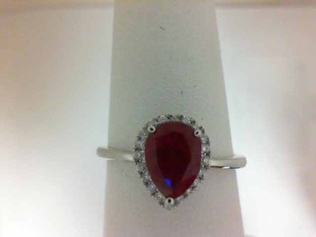 14 Karat White Gold Fashion Ring With 20=0.13Tw Round Diamonds And One 1.48Ct Pear Created Ruby