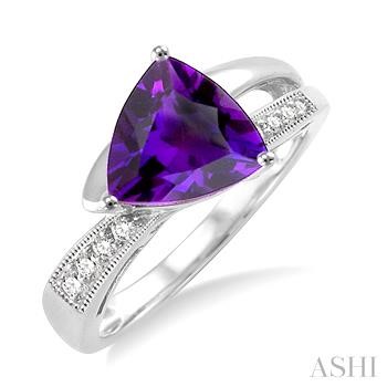 White Gold 10 Karat Fashion Ring With One 8.00mm Trillion Amethyst And 0.07Tw Single Cut Diamonds