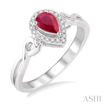 White Gold 10 Karat Fashion Ring With One 6.00X4.00Mm Pear Ruby And 20=0.20Tw Single Cut Diamonds