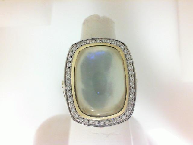 Charles Krypell: Sterling Silver & 18 Karat Yellow Gold Ring With One 13.00X18.00Mm Rectangular Cushion Mother Of Pearl And 48=0.40Tw Round H/I Si2 Diamonds