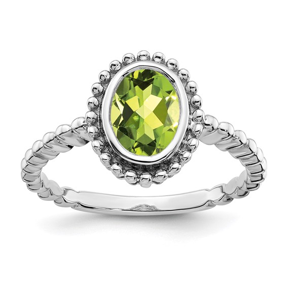 14 Karat White Gold  8.00X6.00Mm Oval Peridot Beaded Ring