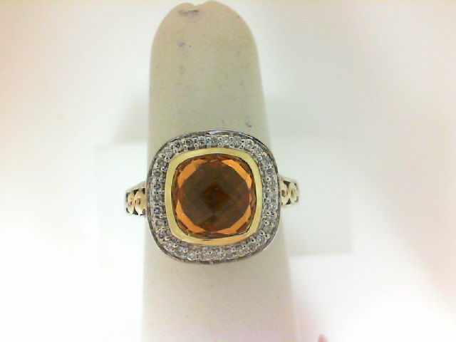 Charles Krypell Sterling Silver & 18Ky Fashion Ring With 8.00X8.00mm Cushion Citrine And 32=0.15Tw Round  Diamonds