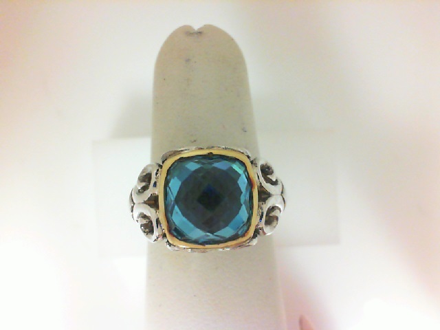 Charles Krypell Sterling Silver & 18Ky Fashion Ring One 10.00X10.00mm Cushion Cut Blue Topaz