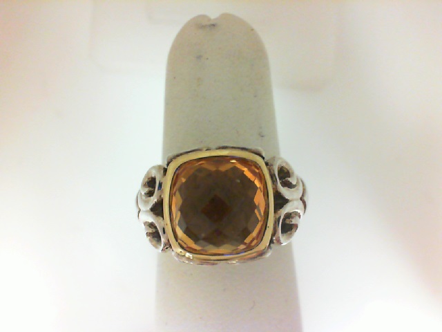 Charles Krypell Sterling Silver & 18Ky Fashion Ring One 10.00X10.00mm Cushion Cut CITRINE