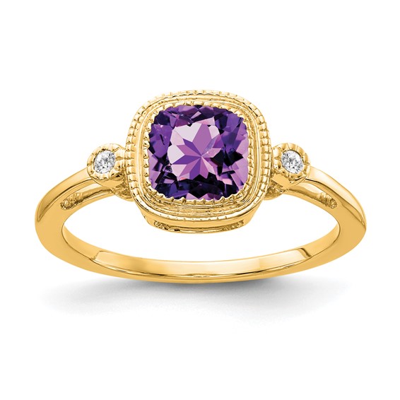 14 Karat Yellow Gold Cushion 6.0 Mm  Amethyst And 0.03 Ct Diamond Ring