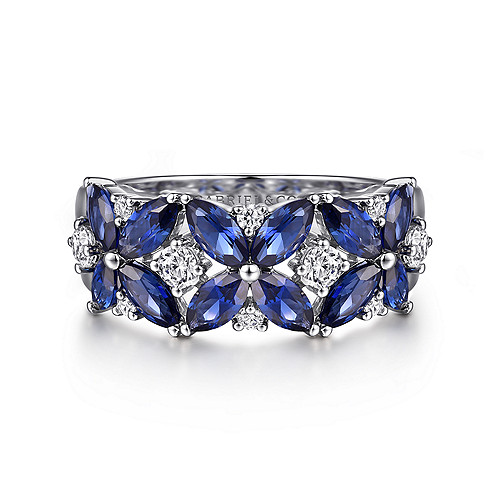 Gabriel & Co 14 karat White Gold 0.37 ct Diamond And 2.37 cts Blue Sapphire Floral Ring