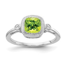 14 karat white gold cushion peridot and 0.03 ct diamond ring