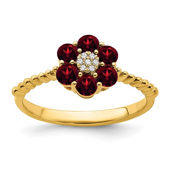 14 Karat Yellow Gold Garnet And Diamond 0.02 ct Flower Ring